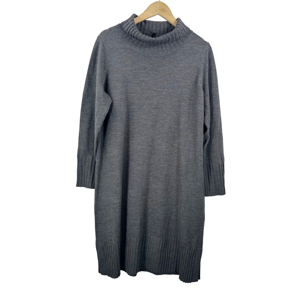 Eileen Fisher Sweater Dress sz L Grey Merino Wool Mock Neck money lagen look‎